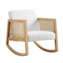 Fyne Ecru Boucle Rocking Armchair With Rattan Armrests -The Furniture Shop ACH 40 ECRU NAT WB1