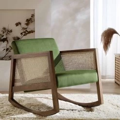 Fyne Moss Green Velvet Rocking Armchair With Rattan Armrests