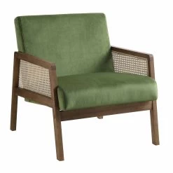 Fyne Moss Green Velvet Walnut Frame Rattan Armchair -The Furniture Shop ACH 608 GREENVEL WALN WB1