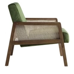 Fyne Moss Green Velvet Walnut Frame Rattan Armchair -The Furniture Shop ACH 608 GREENVEL WALN WB3