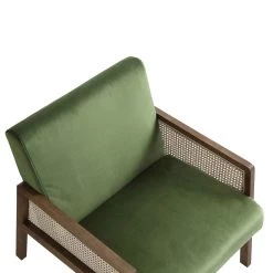 Fyne Moss Green Velvet Walnut Frame Rattan Armchair -The Furniture Shop ACH 608 GREENVEL WALN detail1