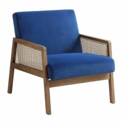 Fyne Navy Blue Velvet Walnut Frame Rattan Armchair -The Furniture Shop ACH 608 NAVYVEL WALN WB1