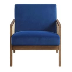 Fyne Navy Blue Velvet Walnut Frame Rattan Armchair -The Furniture Shop ACH 608 NAVYVEL WALN WB2