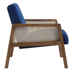 Fyne Navy Blue Velvet Walnut Frame Rattan Armchair -The Furniture Shop ACH 608 NAVYVEL WALN WB3