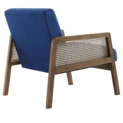 Fyne Navy Blue Velvet Walnut Frame Rattan Armchair -The Furniture Shop ACH 608 NAVYVEL WALN WB4