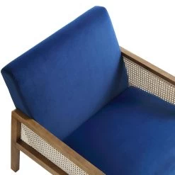 Fyne Navy Blue Velvet Walnut Frame Rattan Armchair -The Furniture Shop ACH 608 NAVYVEL WALN detail1