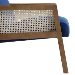 Fyne Navy Blue Velvet Walnut Frame Rattan Armchair -The Furniture Shop ACH 608 NAVYVEL WALN detail4