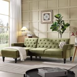 Hanney Chesterfield Chaise Sofabed In Moss Green Velvet
