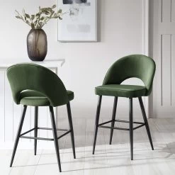 Oakley Set Of 2 Dark Green Velvet Upholstered Counter Stools With Contrast Piping