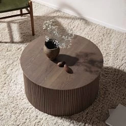 Maru Oak Round Coffee Table With Storage, Silver Oak -The Furniture Shop BSD 140 SILK scene1