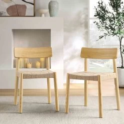 Ditton Set Of 2 Elm Wood And Jute Dining Chairs, Natural