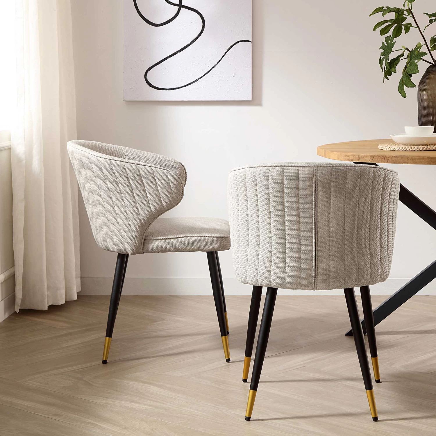 Langham Set Of 2 Oatmeal Woven Fabric Carver Dining Chairs With Fluted Back 4 Langham Set Of 2 Oatmeal Woven Fabric Carver Dining Chairs With Fluted Back - Image 2