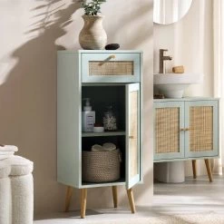 Frances Woven Rattan 1-Door Bathroom Cabinet, Mint -The Furniture Shop FT BAC 01 SAGE scene2