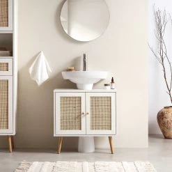Frances Woven Rattan 2-Door Bathroom Undersink Unit, White -The Furniture Shop FT UDS 01 WHITE scene2