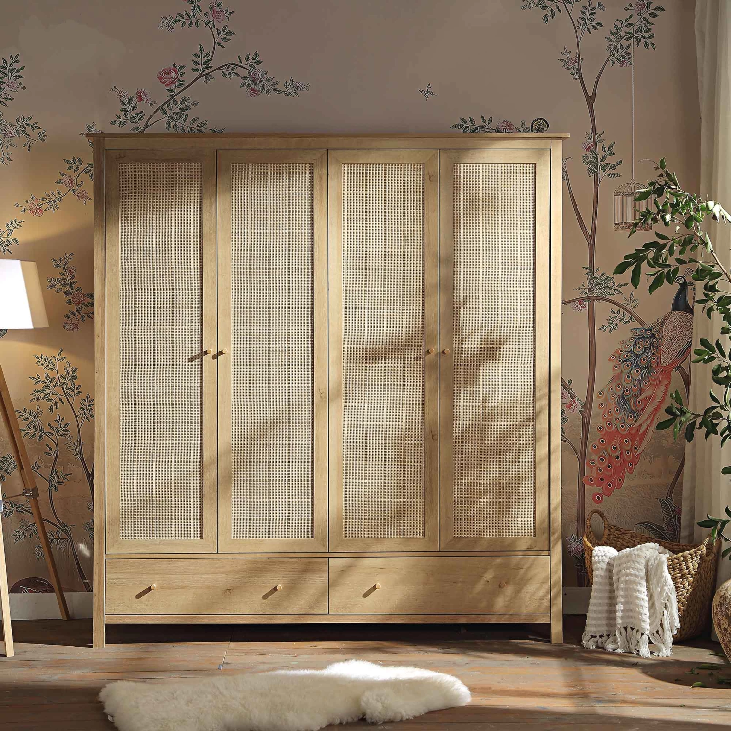 Frances Rattan 4-Door Wardrobe With 2 Drawers, Natural 3 Frances Rattan 4-Door Wardrobe With 2 Drawers, Natural