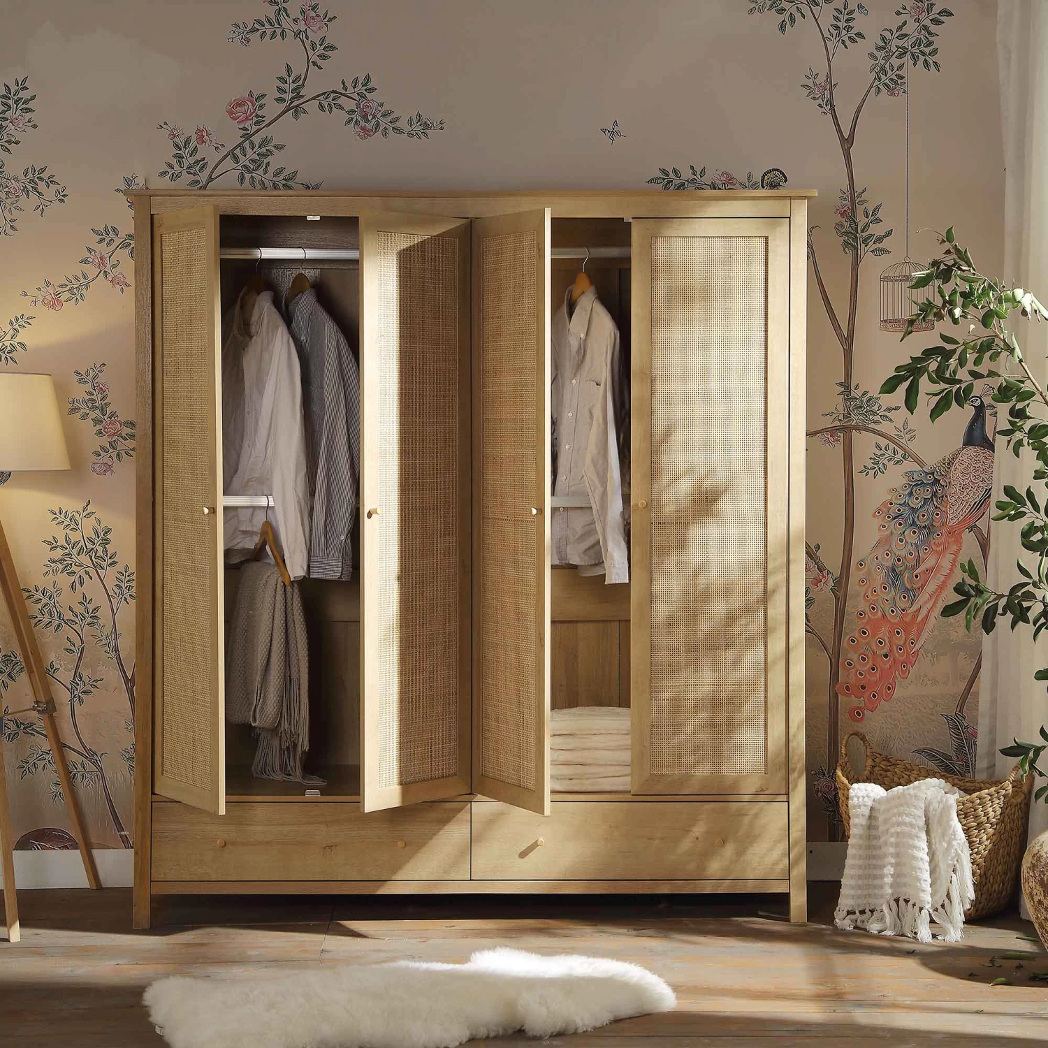Frances Rattan 4-Door Wardrobe With 2 Drawers, Natural 4 Frances Rattan 4-Door Wardrobe With 2 Drawers, Natural - Image 2