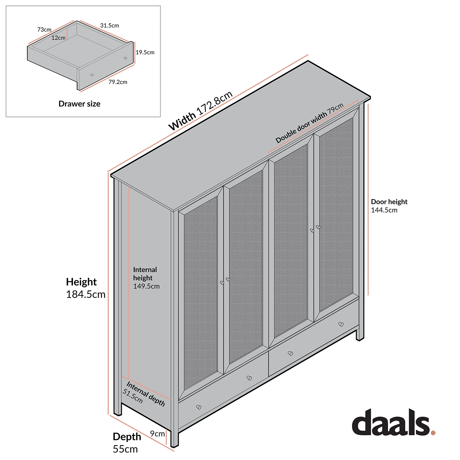 Frances Rattan 4-Door Wardrobe With 2 Drawers, Natural 7 Frances Rattan 4-Door Wardrobe With 2 Drawers, Natural - Image 5