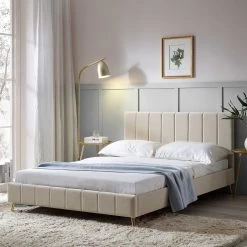 Sylvie Velvet Upholstered Bed Frame With Golden Chrome Legs, Champagne Velvet
