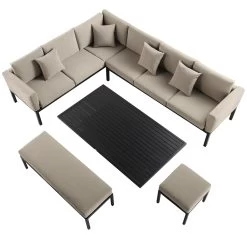 Calabasas Large Outdoor Fabric And Aluminium Corner Casual Dining Set With Rising Table, Taupe -The Furniture Shop OD DINE 1027 TAUPE WB3