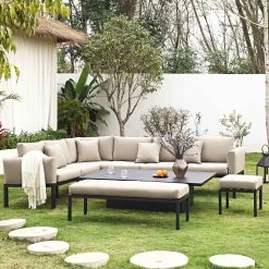 Calabasas Large Outdoor Fabric And Aluminium Corner Casual Dining Set With Rising Table, Taupe