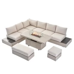 Jardin Aluminium Large Corner Casual Dining Set With Rising Firepit Table, Pumice -The Furniture Shop OD DINE 906 PUMICE SET WB1