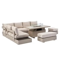 Jardin Aluminium Large Corner Casual Dining Set With Rising Firepit Table, Pumice -The Furniture Shop OD DINE 906 PUMICE SET WB3