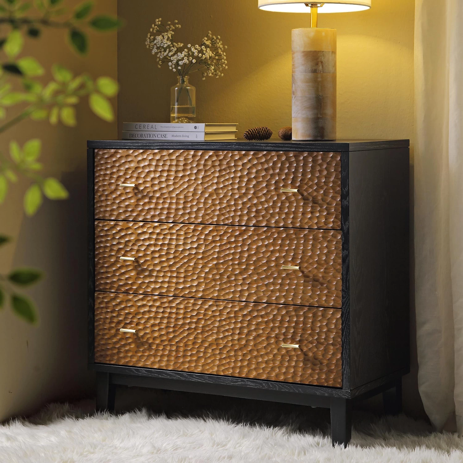 Bianca Chip Carved 3 Drawer Chest, Antique Bronze & Black 3 Bianca Chip Carved 3 Drawer Chest, Antique Bronze & Black