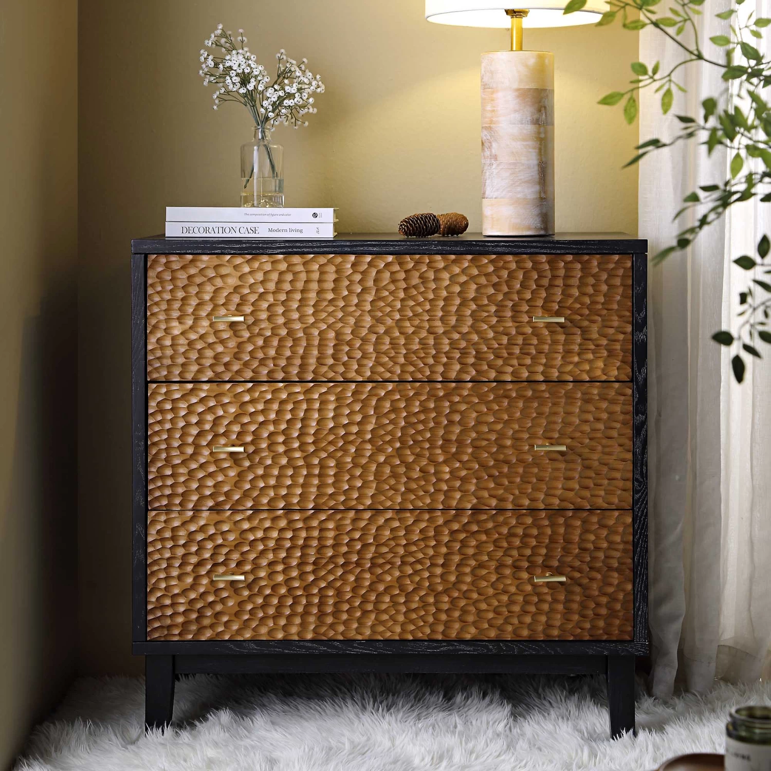 Bianca Chip Carved 3 Drawer Chest, Antique Bronze & Black 4 Bianca Chip Carved 3 Drawer Chest, Antique Bronze & Black - Image 2