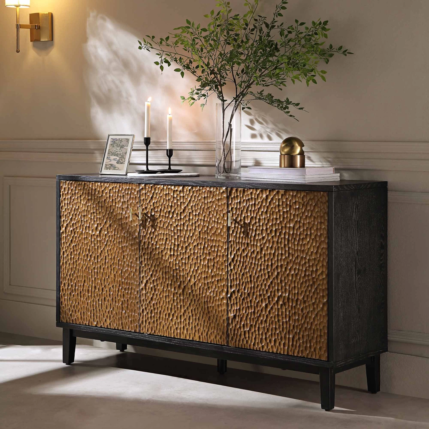 Bianca Chip Carved 3 Door Sideboard, Antique Bronze & Black 3 Bianca Chip Carved 3 Door Sideboard, Antique Bronze & Black