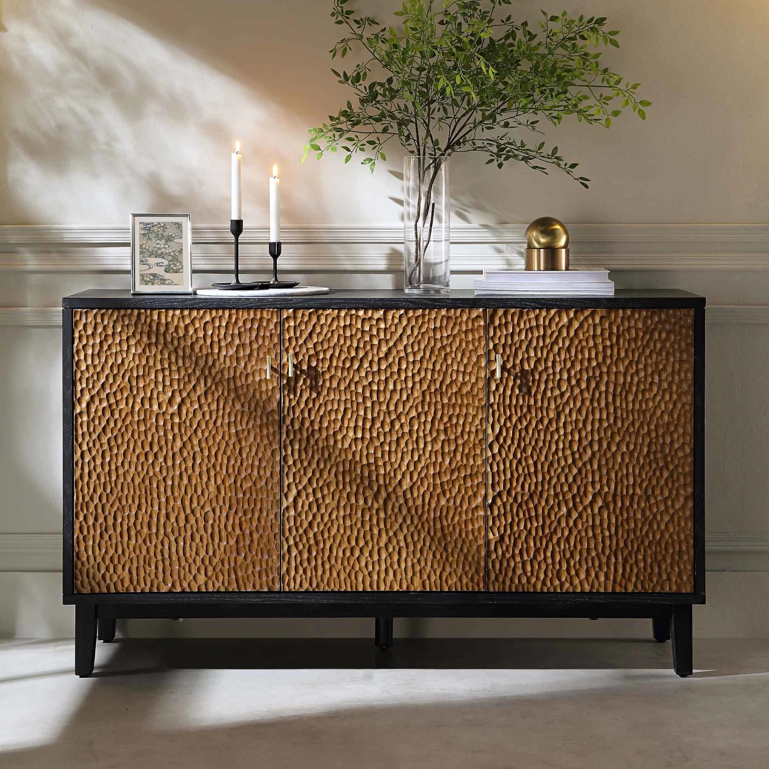 Bianca Chip Carved 3 Door Sideboard, Antique Bronze & Black 4 Bianca Chip Carved 3 Door Sideboard, Antique Bronze & Black - Image 2