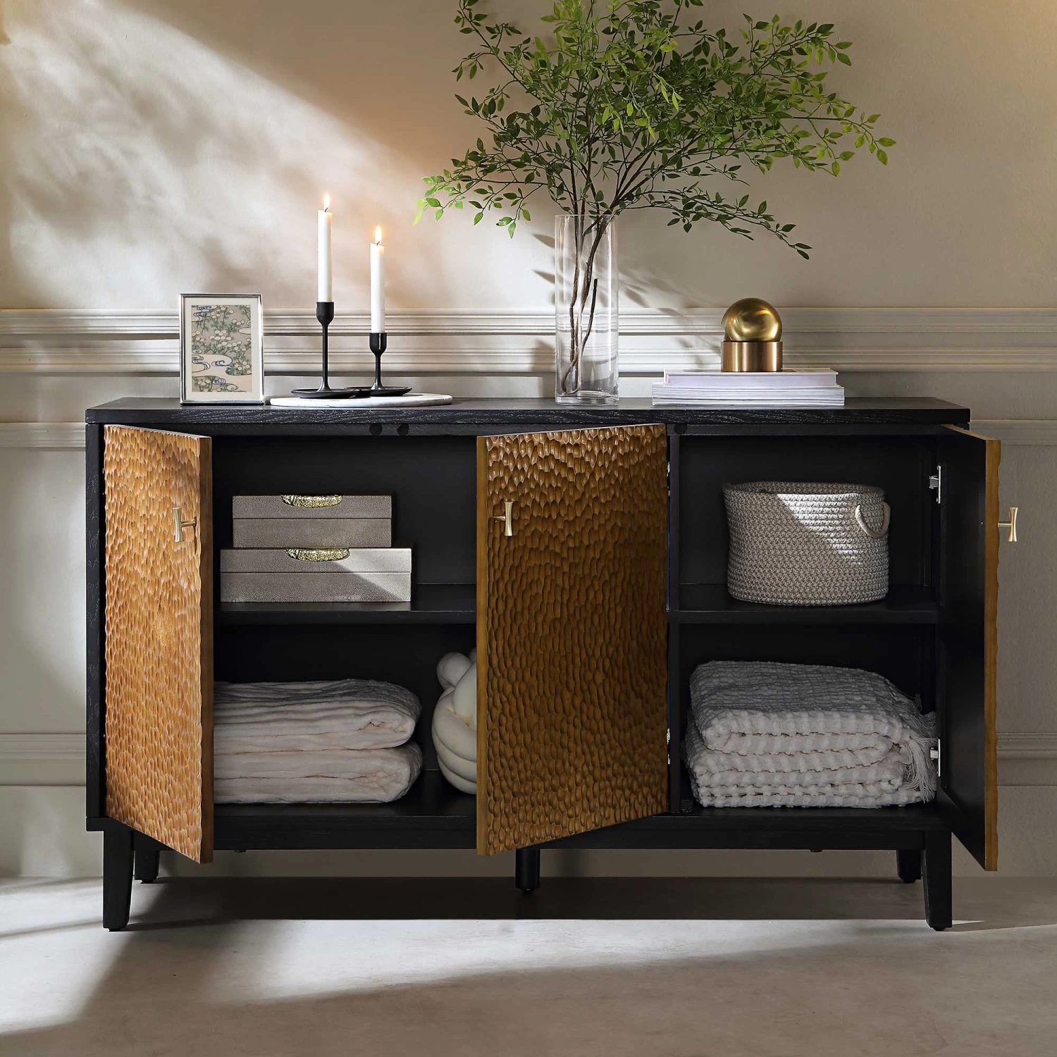 Bianca Chip Carved 3 Door Sideboard, Antique Bronze & Black 5 Bianca Chip Carved 3 Door Sideboard, Antique Bronze & Black - Image 3