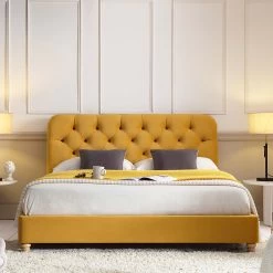 Leamington Deep-Buttoned Upholstered Bed, Turmeric Yellow Velvet -The Furniture Shop ZX 1063 MUST VEL scene1