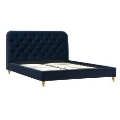 Leamington Deep-Buttoned Upholstered Bed, Midnight Blue Velvet -The Furniture Shop ZX 1063 NAVY VEL WB1