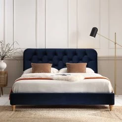 Leamington Deep-Buttoned Upholstered Bed, Midnight Blue Velvet -The Furniture Shop ZX 1063 NAVY VEL scene2