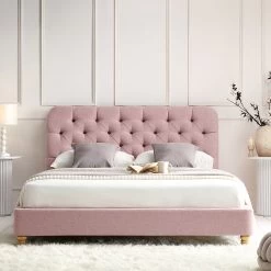 Leamington Deep-Buttoned Upholstered Bed, Rosewater Pink Fabric -The Furniture Shop ZX 1063 PALEPINK FAB scene2
